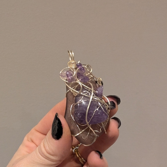 Handcrafted Amethyst And Sea Glass Wire-Wrapped Pendant - Picture 2 of 9